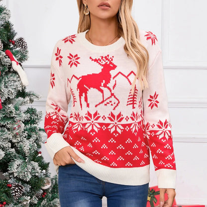 Snowflake Printed Long Sleeve O Neck Ladies Jumper Christmas Sweater