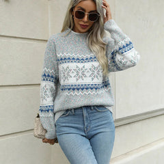 Christmas Snowflake Jacquard Mock Neck Long Sleeve Sweater Gray / S Sweaters-L