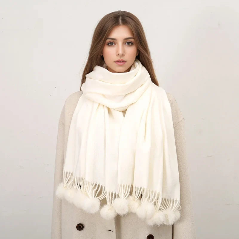 Rabbit Fur Ball Cashmere Pompom Oversize Blanket Scarf For Women Scarfs-L