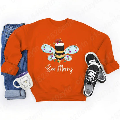 Festive Bee Letter Print Christmas Hoodie - Long Sleeve