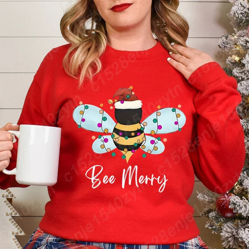 Festive Bee Letter Print Christmas Hoodie - Long Sleeve