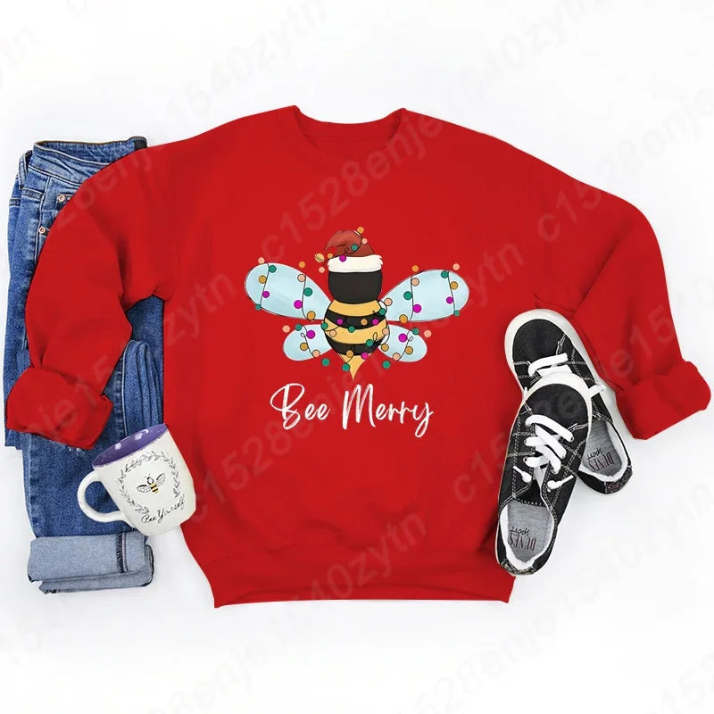 Festive Bee Letter Print Christmas Hoodie - Long Sleeve