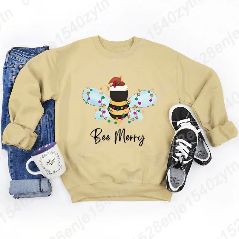 Festive Bee Letter Print Christmas Hoodie - Long Sleeve