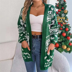 Christmas Deer Pocket Long Sleeve Cardigan Cardigan-241208