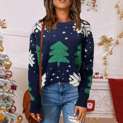 Christmas Tree Print Round Neck Long Sleeve Warm Knitwear Casual Sweater Blue / S Sweaters-L