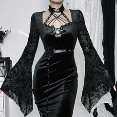 Thin Suede Separated Flared Full-Length Dress