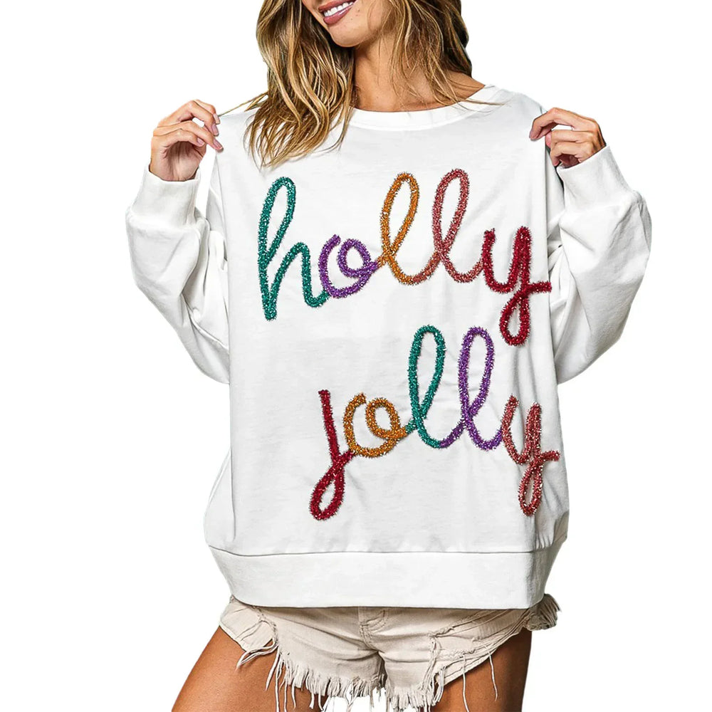 Fall Sequin Letter Pattern Long Sleeve Round Neck Loose Christmas Hoodie White / S Hoodies-L