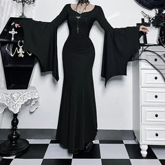 Slim Gothic Fall Daily Comfort Maxi Dress Black / XS
