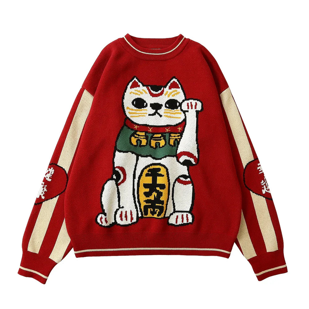 Thick Warm Retro Lucky Cat Red Cotton Jumper Christmas Sweater Sweaters-L