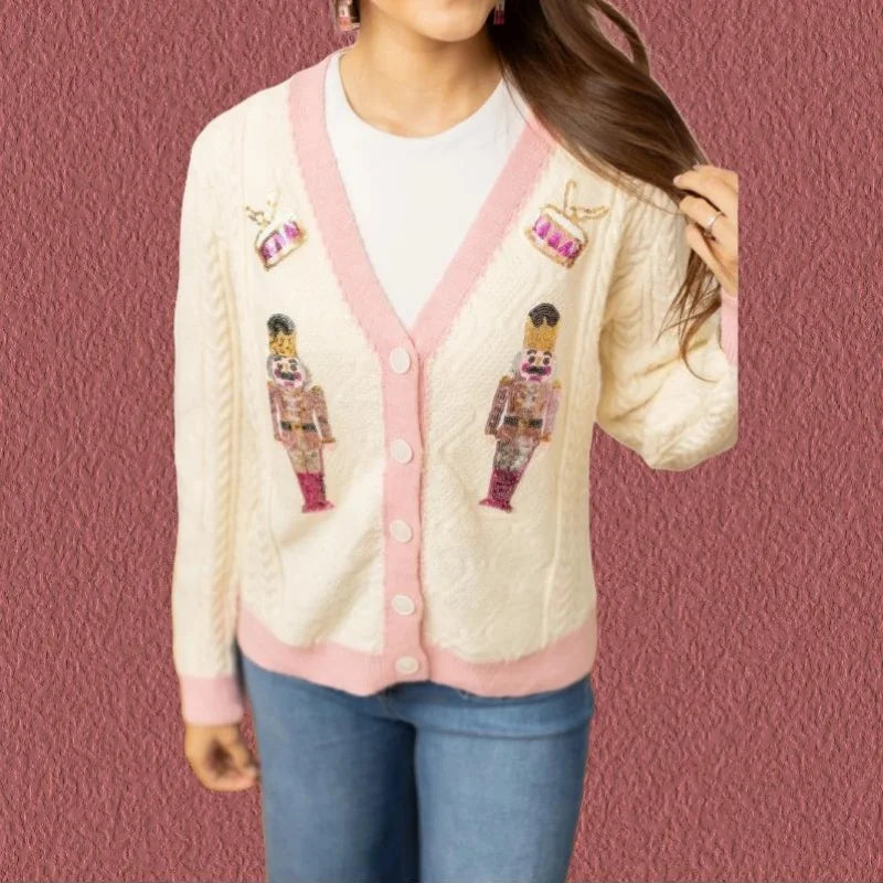 Y2K Sequins V-Neck Single Breasted Cardigan Beige / S Cardigan-241208