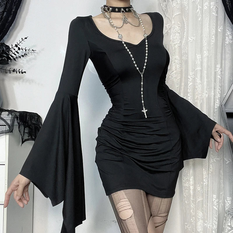 Batwing Lengthy Sleeve Mini Dress Black / S