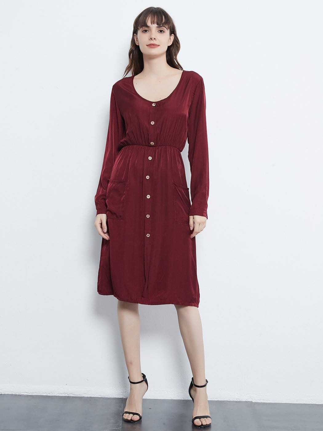 Sleeve Round Neck Button Dress With Pockets