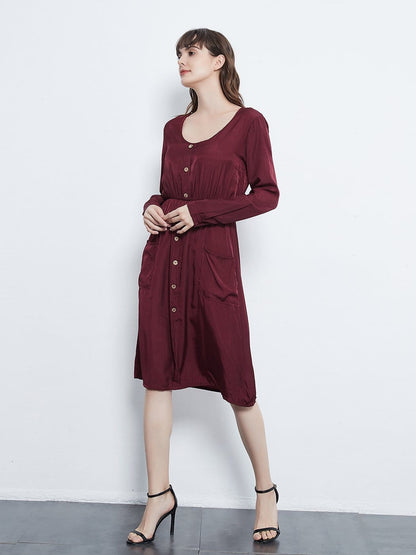 Sleeve Round Neck Button Dress With Pockets