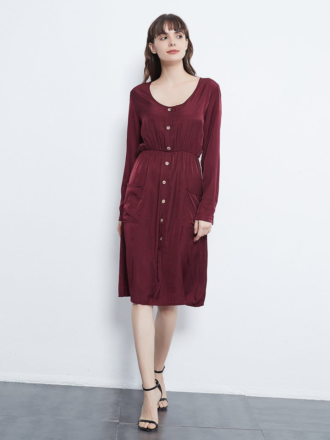 Sleeve Round Neck Button Dress With Pockets