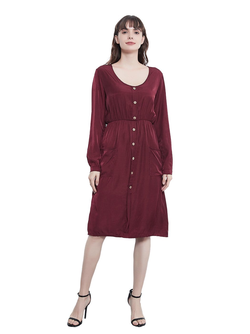Sleeve Round Neck Button Dress With Pockets