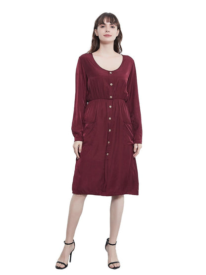 Sleeve Round Neck Button Dress With Pockets