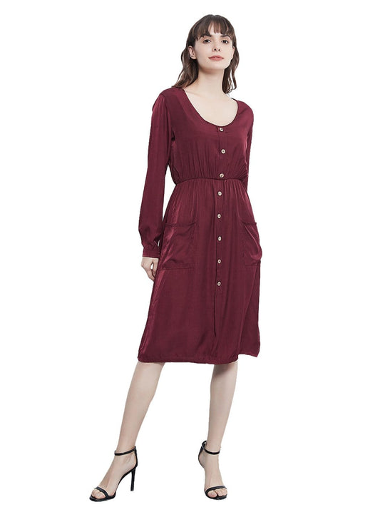 Sleeve Round Neck Button Dress With Pockets