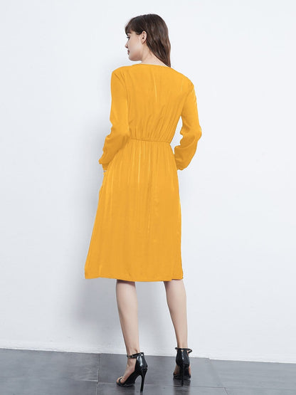 Sleeve Round Neck Button Dress With Pockets