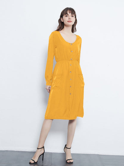 Sleeve Round Neck Button Dress With Pockets