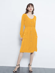 Sleeve Round Neck Button Dress With Pockets