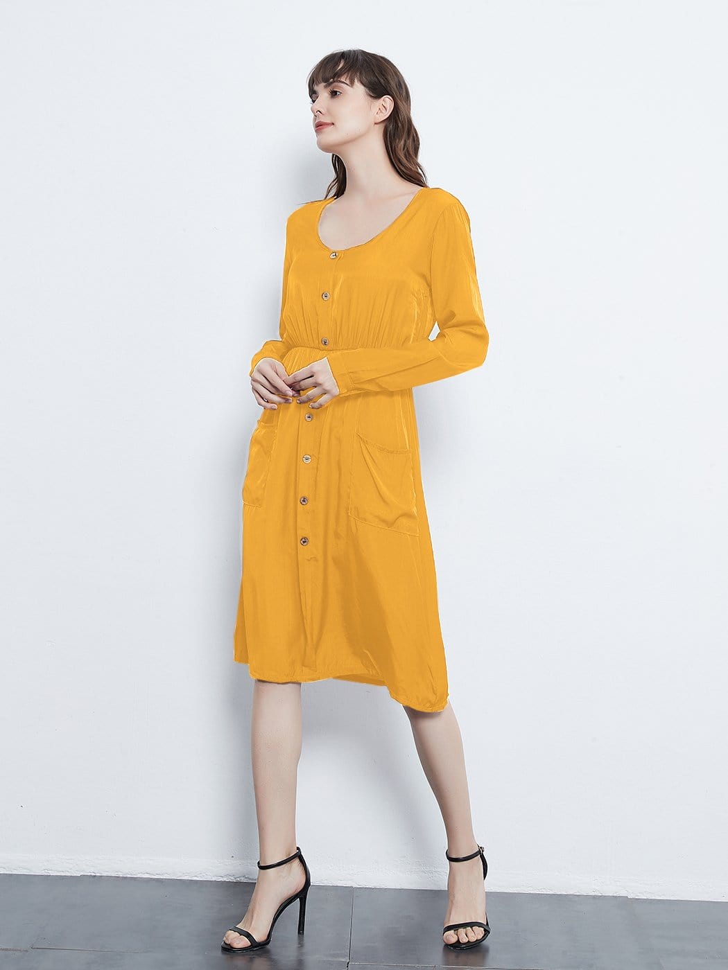 Sleeve Round Neck Button Dress With Pockets