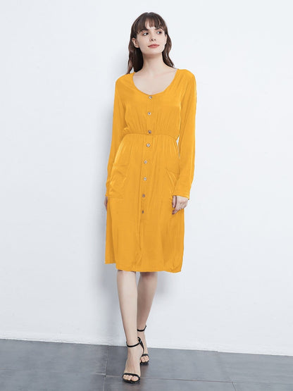 Sleeve Round Neck Button Dress With Pockets