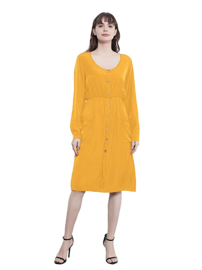 Sleeve Round Neck Button Dress With Pockets