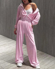 Pink Knitting Zipper Straight Trousers Office Two Piece Set