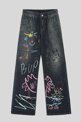 Graffiti Print Baggy Wide Leg Denim Jeans