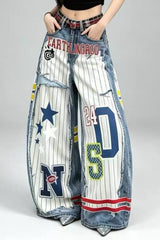 3D Graphic Print Wide Leg Denim Jeans