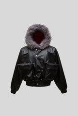 Fur Hood PU Leather Cropped Zip Coat