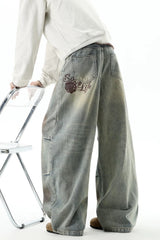 Dirty Wash Strap Wide Leg Jeans
