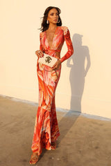 Floral Print V-neck Long Sleeve Cutout Bodycon Maxi Dress