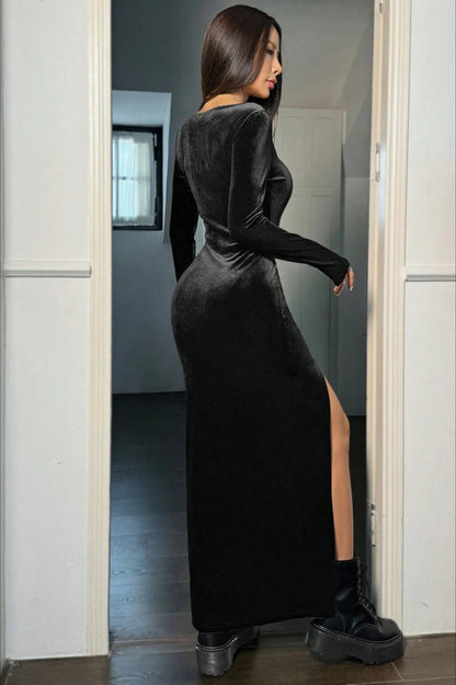 High Waist Split Velvet Maxi Dress