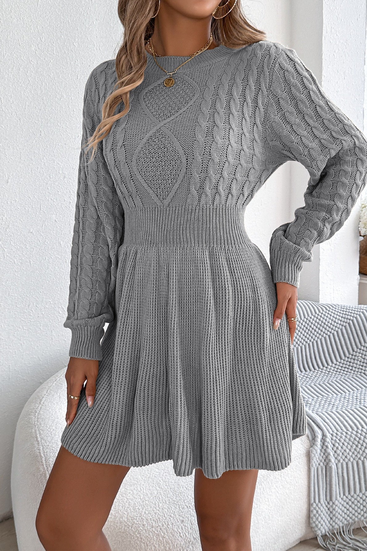 Solid Round Neck Chunk Cable Waisted Knit Mini Dress