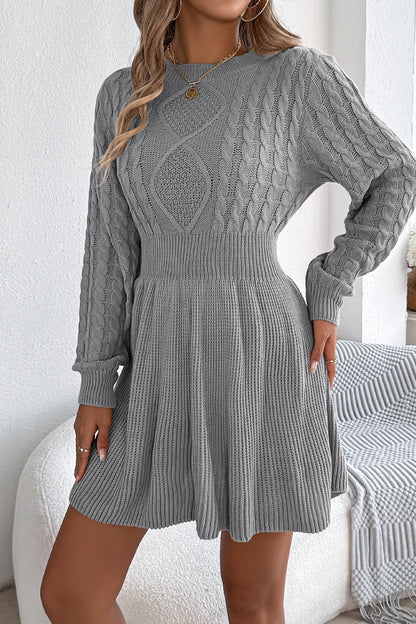 Solid Round Neck Chunk Cable Waisted Knit Mini Dress