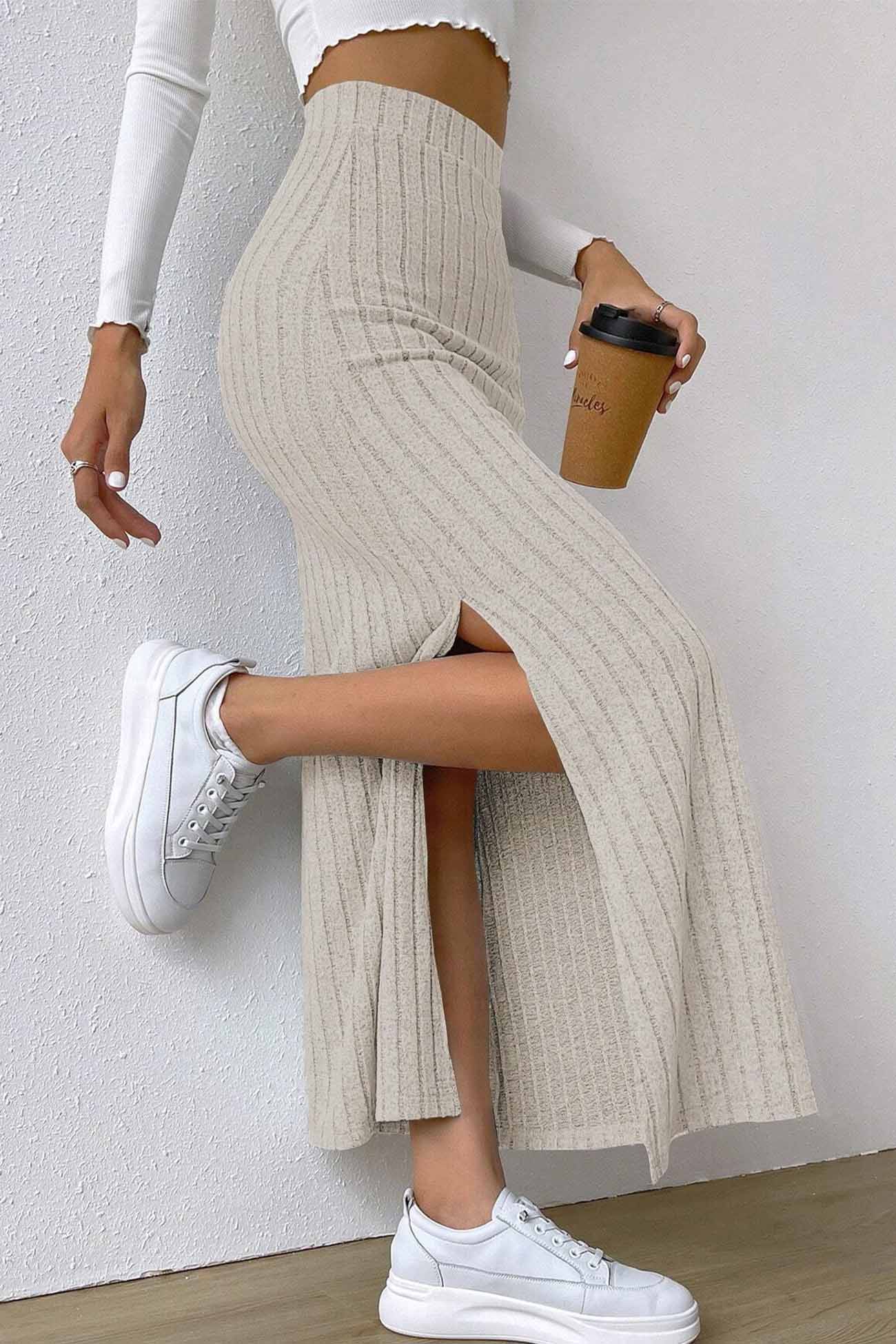 Solid Color Slit Knitted Skirt