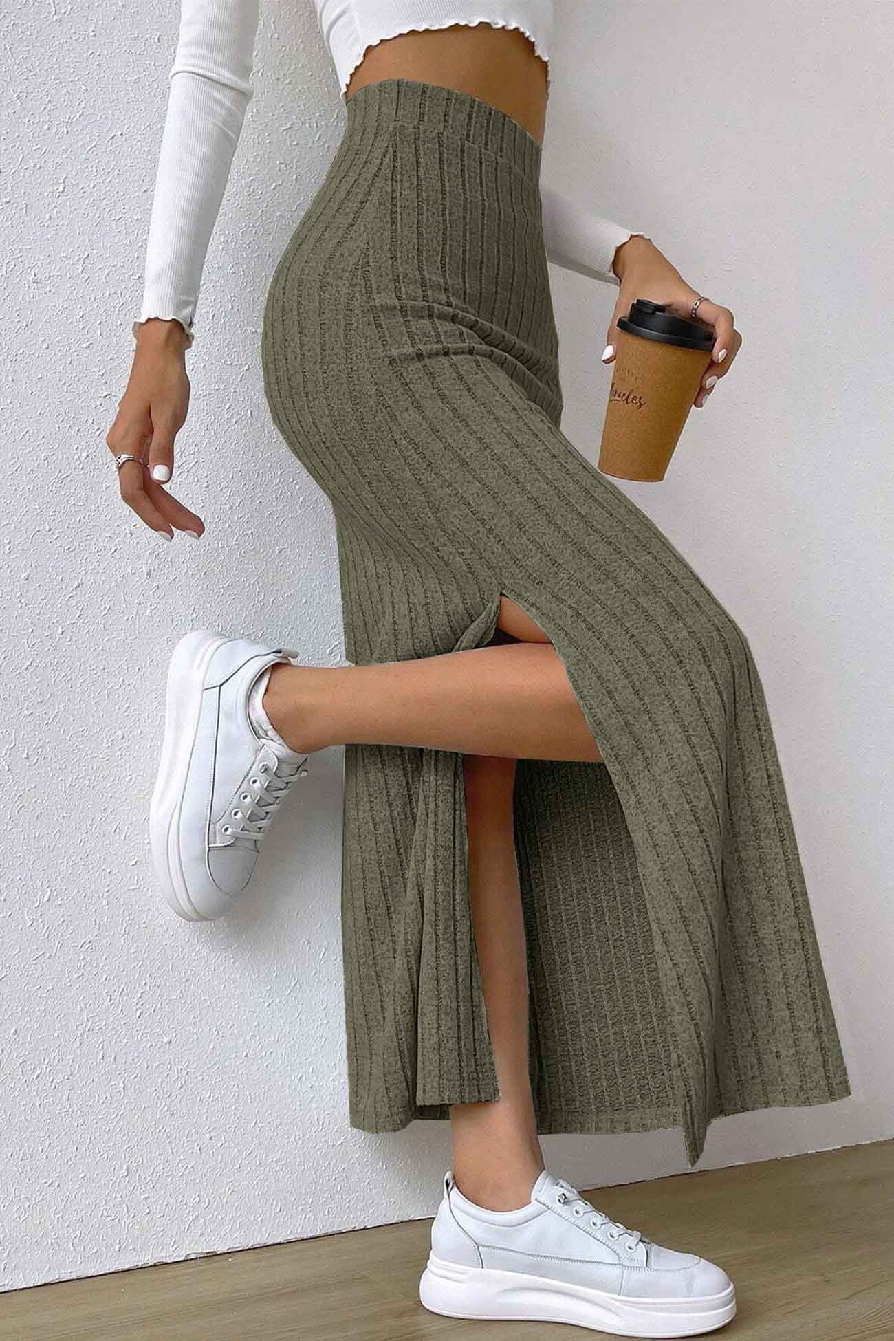 Solid Color Slit Knitted Skirt