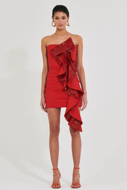 Christmas Glam Strapless Sash Off Shoulder Sequin Dress