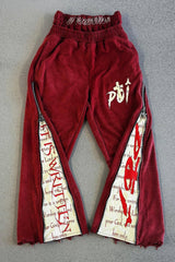 Red Typography Panel Zip Pocket Pants
