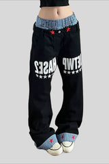Double Waist Typography Wide Leg Jeans
