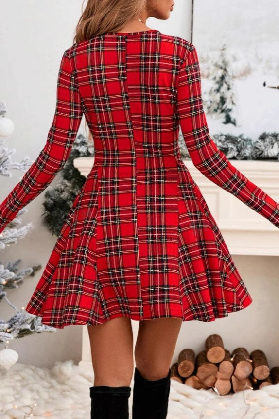Plaid Long Sleeve Party Dress