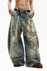Distressed Stitch Embroidered Baggy Barrel Jeans