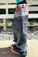 Plaid Panel Wide Leg Washed Jeans