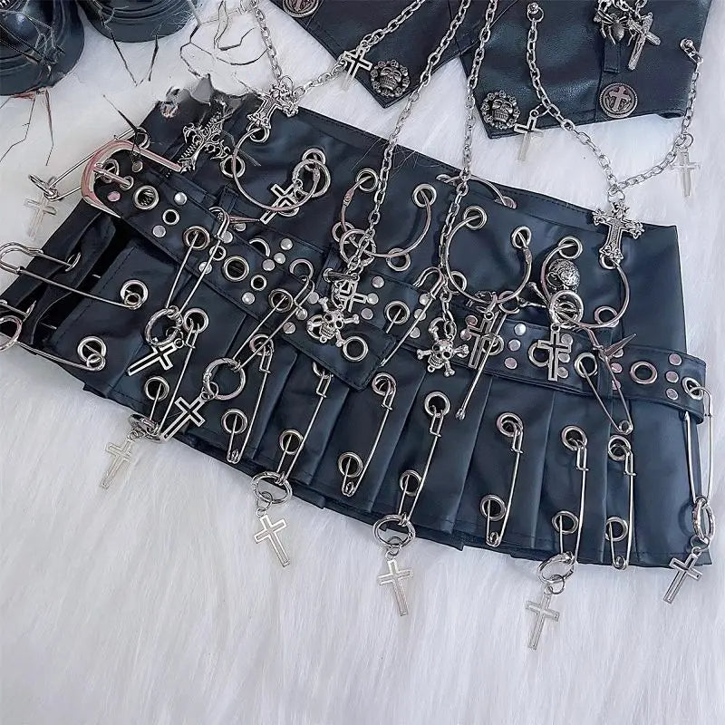 Round Cross Stick Synthetic Leather Skirt Black / S