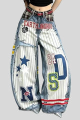 3D Graphic Print Wide Leg Denim Jeans