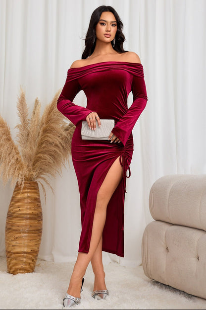 Burgundy Off-Shoulder High Slit Sexy Midi Dress