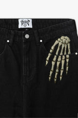 Skeleton Embroidered Wide Leg Black Jeans