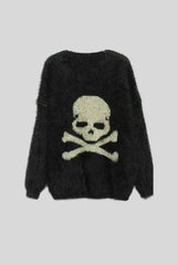 Fuzzy Skull Jacquard Relaxed Crew Neck Sweater
