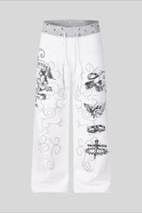 Rhinestone Graphic Patch Wide Leg Sweatpants